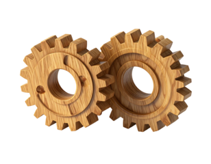 Two wooden gears interlocked, close-up view