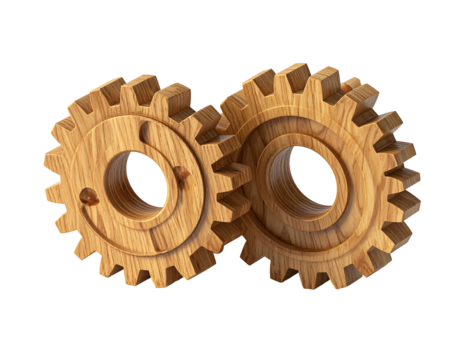 Two wooden gears interlocked, close-up view