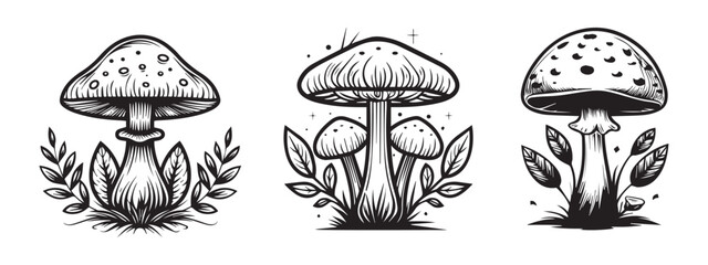 Mushroom At The Base Icons - Black Vector Illustrations Isolated On White Background