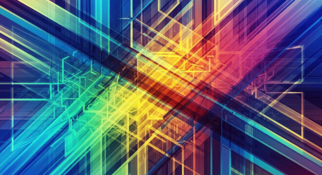 Colorful abstract geometric pattern with intersecting lines and vibrant hues creating dynamic visuals