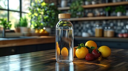 Reusable glass water bottle with a bamboo lid placed on a modern kitchen counter next to fresh fruits representing eco friendly choices for a healthy lifestyle