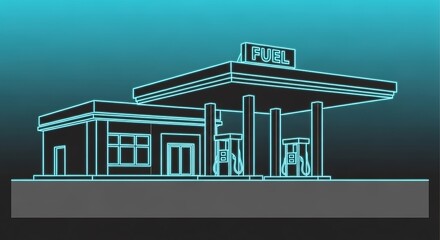 Futuristic neon gas station illuminated against dark blue gradient background