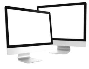 Two blank computer monitors, side by side, angled slightly