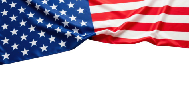 A vibrant American flag with soft drape, gentle folds, and shadows, close-up against a transparent background with ample copy space, a concept of national patriotism