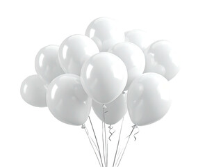 A cluster of glossy white balloons, tightly grouped, with thin silver strings connecting them