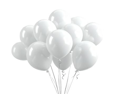 A cluster of glossy white balloons, tightly grouped, with thin silver strings connecting them