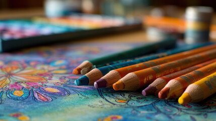 Obraz premium Colorful colored pencils arranged on a vibrant drawing with intricate designs and patterns capturing the essence of creativity and artistic expression in a dynamic, vibrant manner