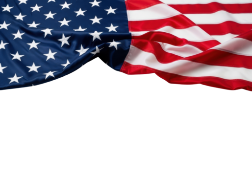 High-quality american flag in luxurious satin, elegantly draped with soft folds, vibrant colors, against an immaculate transparent background with subtle shadow, dignified symbol of national identity