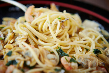 Seafood pasta on a plate