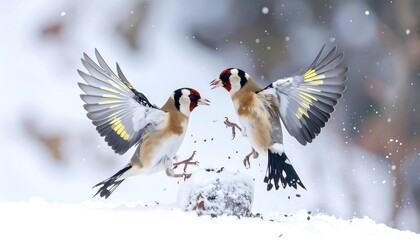 Two birds in flight, snowy scene