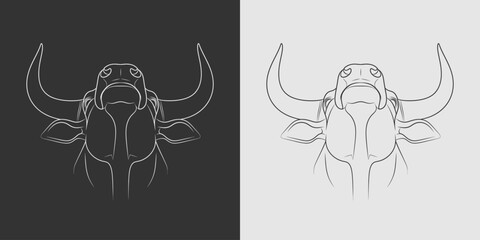Minimalist vector line art of a bull head from a low angle front view. Elegant black and white illustration with large horns, powerful and strong animal design