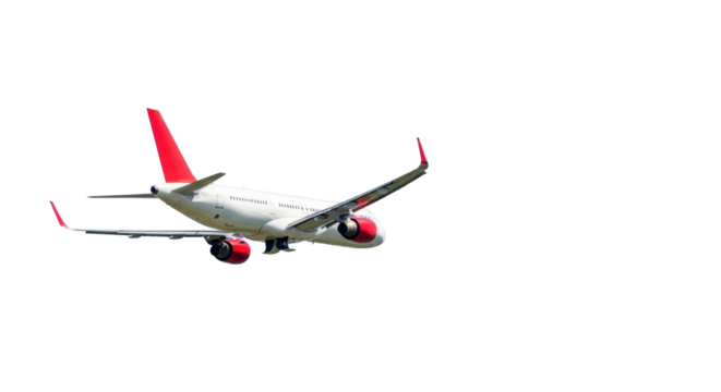 A modern commercial airliner, glossy white with striking red tail and wingtips, in powerful mid-ascent against a clear light blue sky, dynamic low-angle wide shot. Concept of modern air travel and