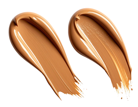 Two smears of light beige liquid foundation, glossy and smooth, with textured edges, against a black background