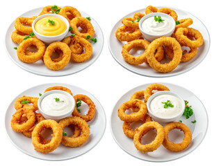 Four plates of golden fried onion rings, served with dipping sauces