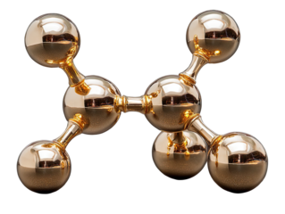 Polished gold spheres connected by rods, forming a molecular structure