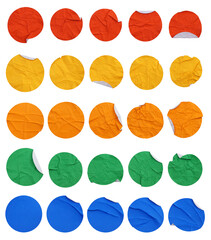 Set collection or collage of various color of crumpled paper in circle shape isolated on transparent background