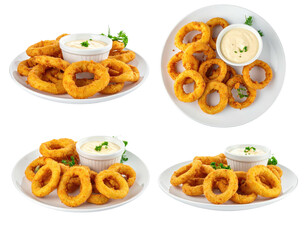 Four plates of golden-brown, crispy onion rings, arranged in a grid pattern.  Each plate has a small bowl of creamy dipping sauce and fresh parsley garnish