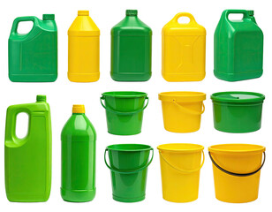 Plastic containers, yellow and green, various shapes and sizes