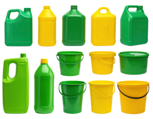 Plastic containers, yellow and green, various shapes and sizes