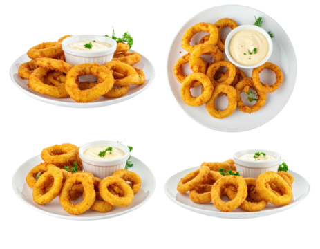 Four plates of golden-brown, crispy onion rings, arranged in a grid pattern.  Each plate has a small bowl of creamy dipping sauce and fresh parsley garnish
