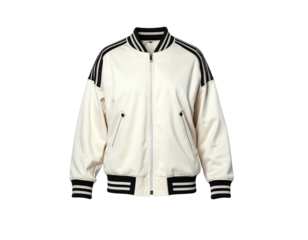 Off-white, oversized bomber jacket with black stripes