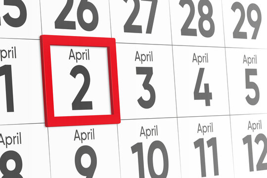 Date 2 April with red frame realistic calendar day design. Red frame shows the date April 2 3d illustration