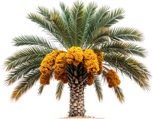 A lush date palm tree with a cluster of bright yellow flowers
