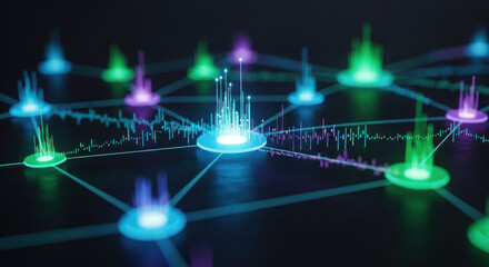 Colorful digital network visualization with vibrant data spikes representing information flow