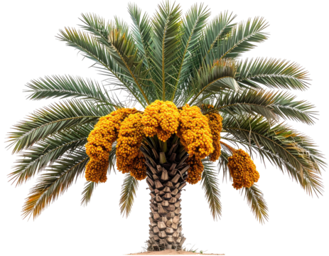 A lush date palm tree with a cluster of bright yellow flowers