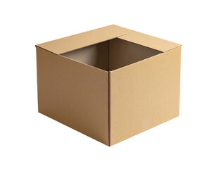Empty light beige cardboard box, square shape, open top, simple design