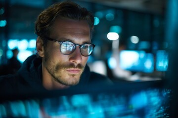 Obraz premium Young man with glasses focused on computer programming while sitting at modern desk in contemporary office environment