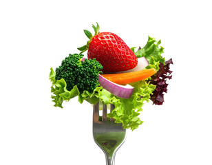Forkful of vibrant salad with fresh strawberries, broccoli, carrots, and red onion atop a fork