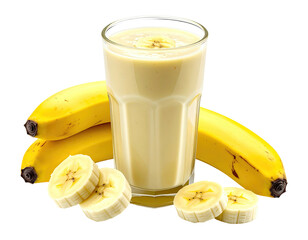 Creamy banana smoothie in a glass, alongside fresh banana slices