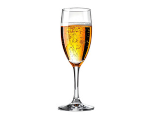 A champagne flute filled with a light amber-colored bubbly drink, showcasing effervescence and a slender stem