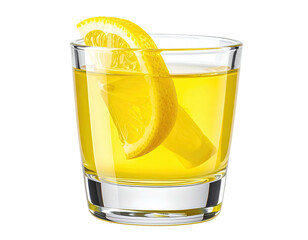 A shot glass filled with a yellow liquid, garnished with a lemon slice