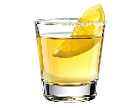 Shot glass of tequila with lemon slice and salt rim