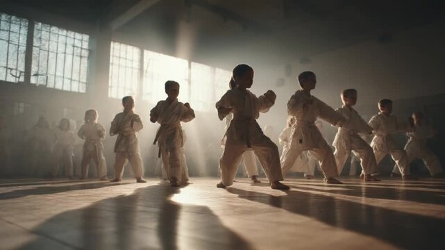 Karate Class in Motion: A disciplined group of karate students practice their forms in a dojo, bathed in the filtered light from the windows. This striking image captures the essence of discipline.