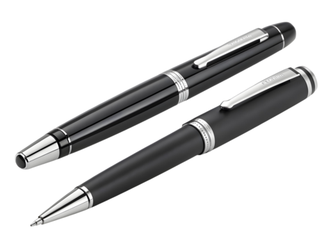 Elegant black and silver ballpoint and fountain pens set isolated on transparent background