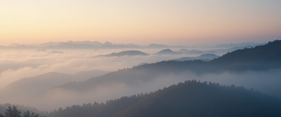 Obraz premium Serene sunrise over misty mountains nature landscape scenic viewpoint tranquil environment atmospheric concept