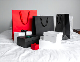 Collection of gift boxes and shopping bags neatly arranged on a white bed, perfect for retail and gifting occasions