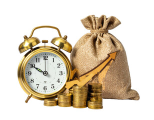 Gold alarm clock, money bag, and stacked coins with an upward arrow, symbolizing investment and time management