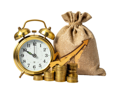 Gold alarm clock, money bag, and stacked coins with an upward arrow, symbolizing investment and time management