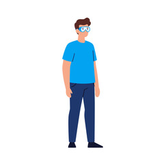 A man wearing blue shirt, dark pants and safety goggles stands on a white background.