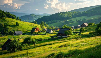 Obraz premium A rural village with traditional houses surrounded by green hills, ultra sharp detail