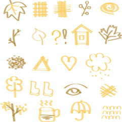 Hand-drawn autumn-themed icons in warm yellow hues  