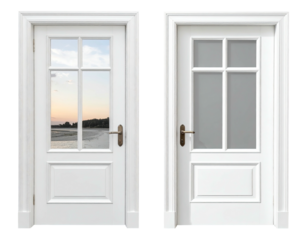 Two white wooden doors, each with a divided glass panel and a recessed center panel, showcasing a coastal sunset