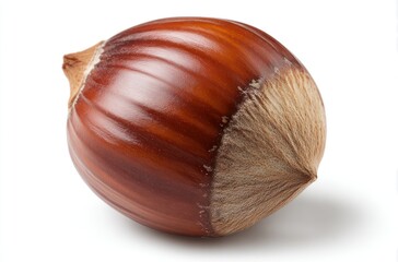 Close-up shot of a hazelnut, its smooth, glossy shell contrasting with the lighter, textured area near the bottom, casting a soft shadow