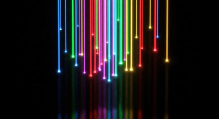 Colorful light streaks cascading downwards, creating a vibrant atmosphere with reflections below