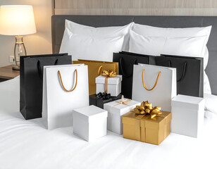 Elegant assortment of black, white, and gold gift bags and presents on a bed, concept of luxury shopping, celebration, and surprises