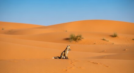 A solitary fox sits amidst vast, orange desert dunes under a clear, bright sky.